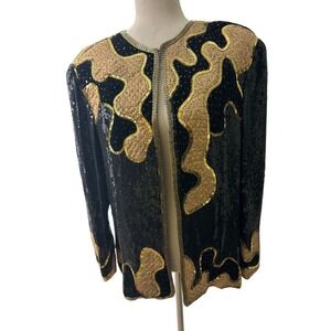 Judith Ann Creations Silk Sequin Vintage Jacket Top Black Gold Size Large